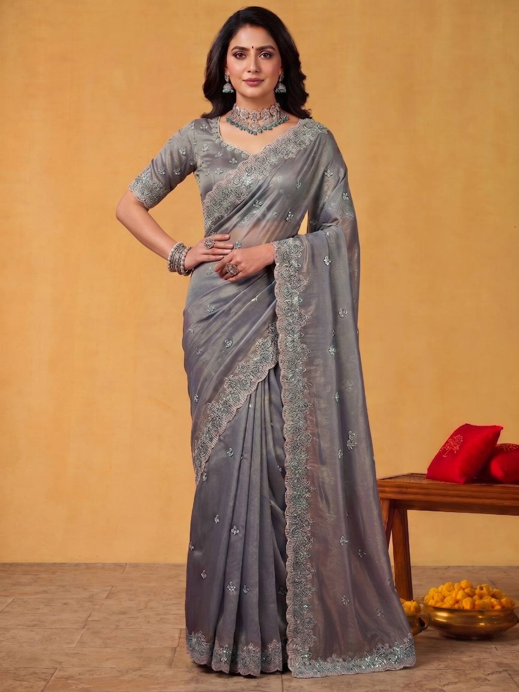 Steel Grey Two Tone Satin Silk Saree with Scallop Rainbow Sequins Embroidery - Detail View 2