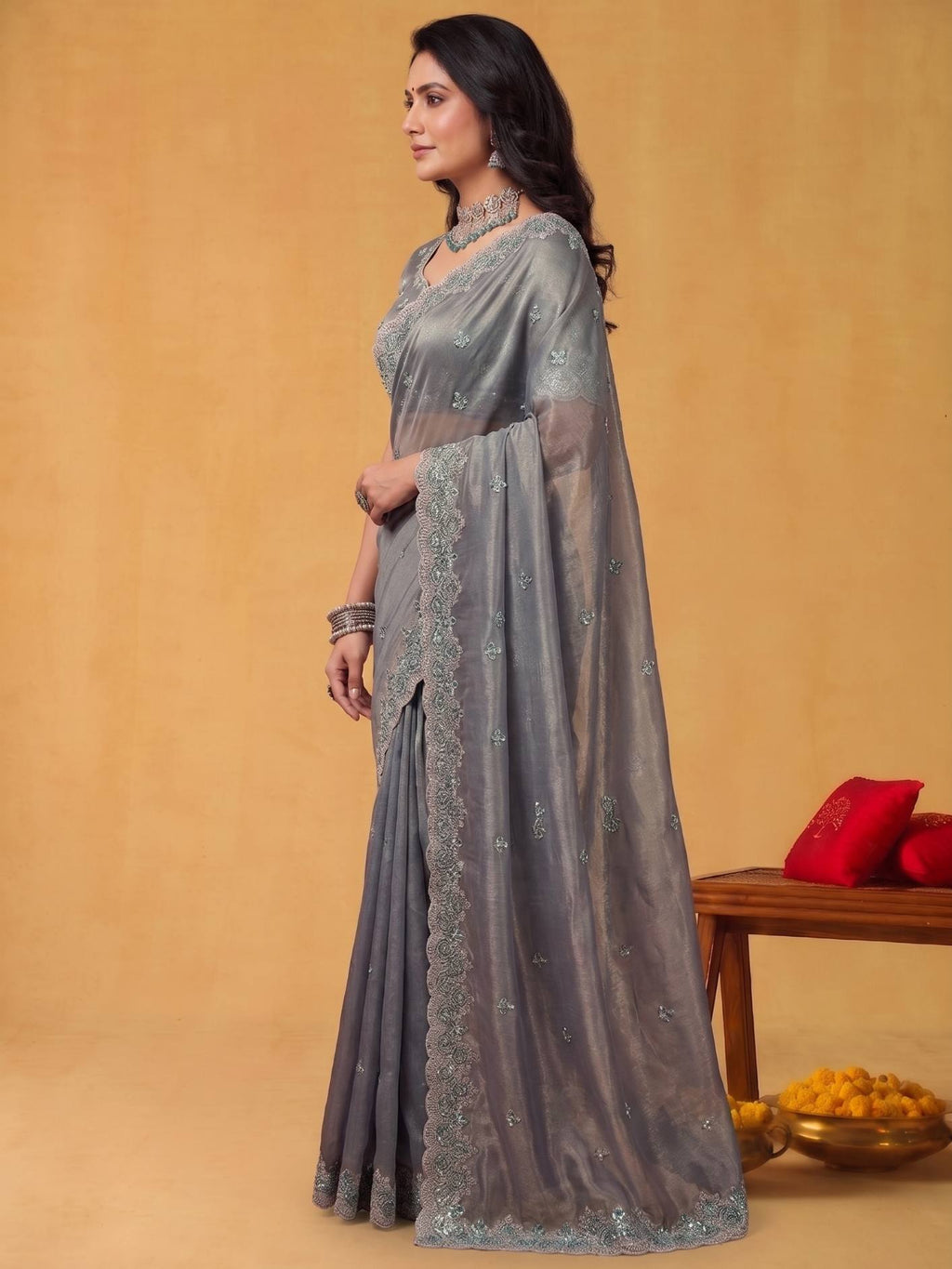 Steel Grey Two Tone Satin Silk Saree with Scallop Rainbow Sequins Embroidery - Detail View 3