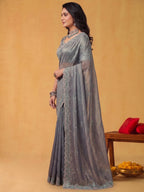 Steel Grey Two Tone Satin Silk Saree with Scallop Rainbow Sequins Embroidery - Detail View 3