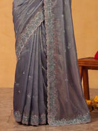 Steel Grey Two Tone Satin Silk Saree with Scallop Rainbow Sequins Embroidery - Detail View 5