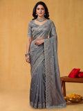 Steel Grey Two Tone Satin Silk Saree with Scallop Rainbow Sequins Embroidery