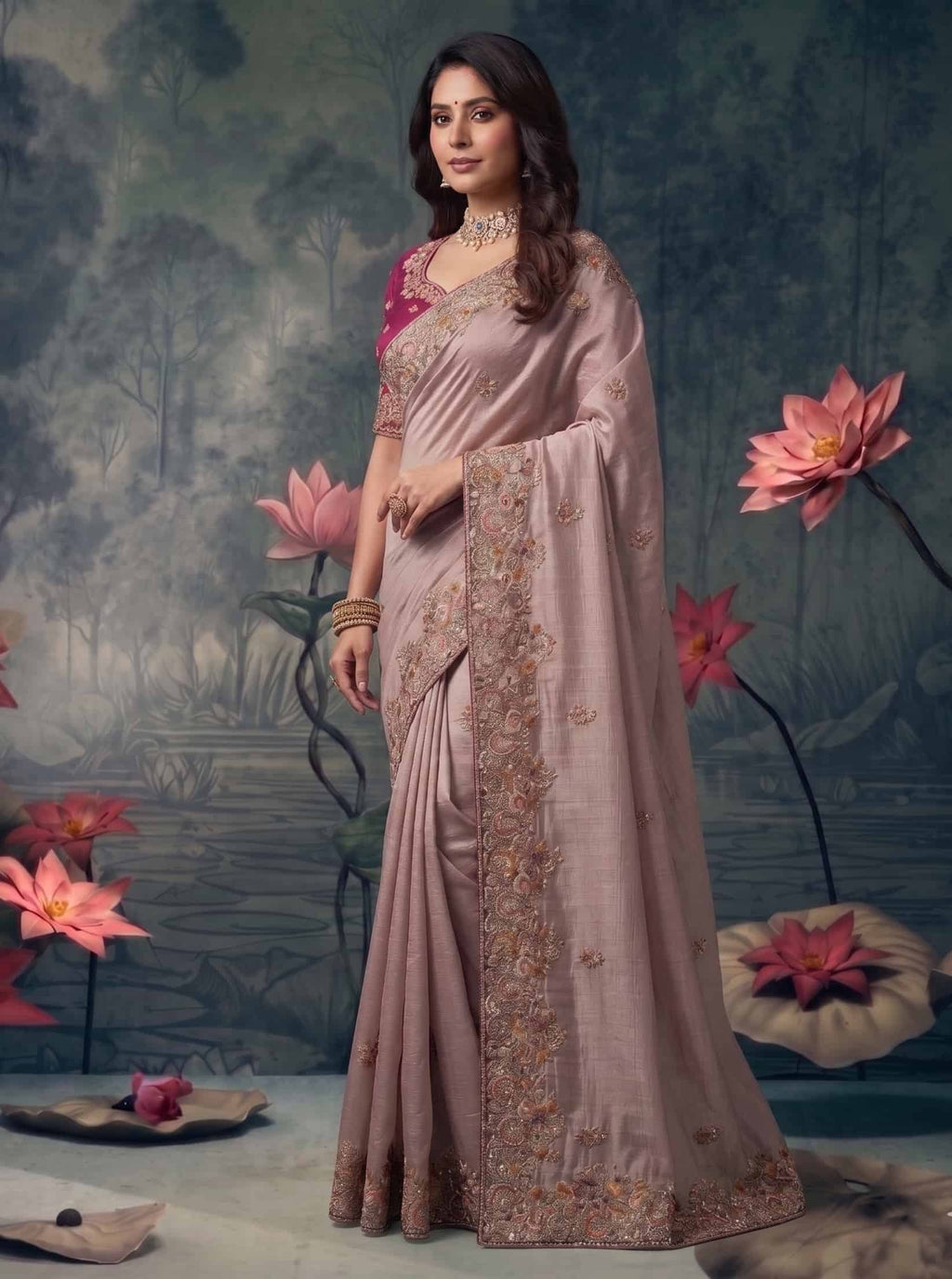 Blush Pink Zari Tissue Silk Zardosi Embroidered Premium Saree with Unstitched Blouse