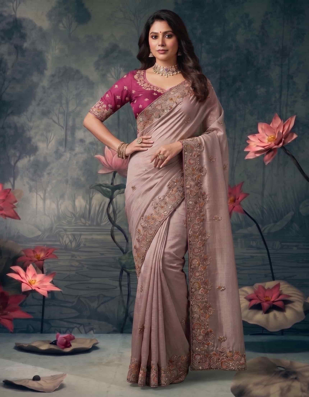 Blush Pink Zari Tissue Silk Zardosi Embroidered Premium Saree with Unstitched Blouse