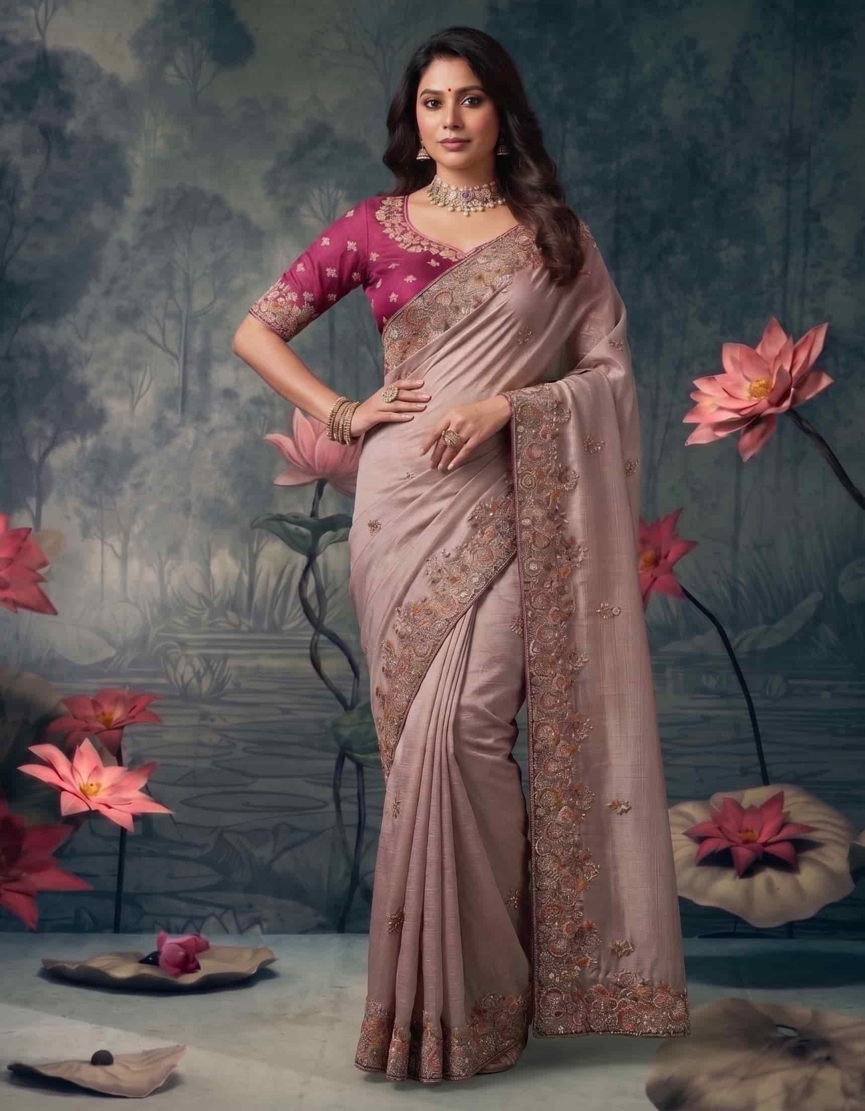 Blush Pink Zari Tissue Silk Zardosi Embroidered Premium Saree with Unstitched Blouse