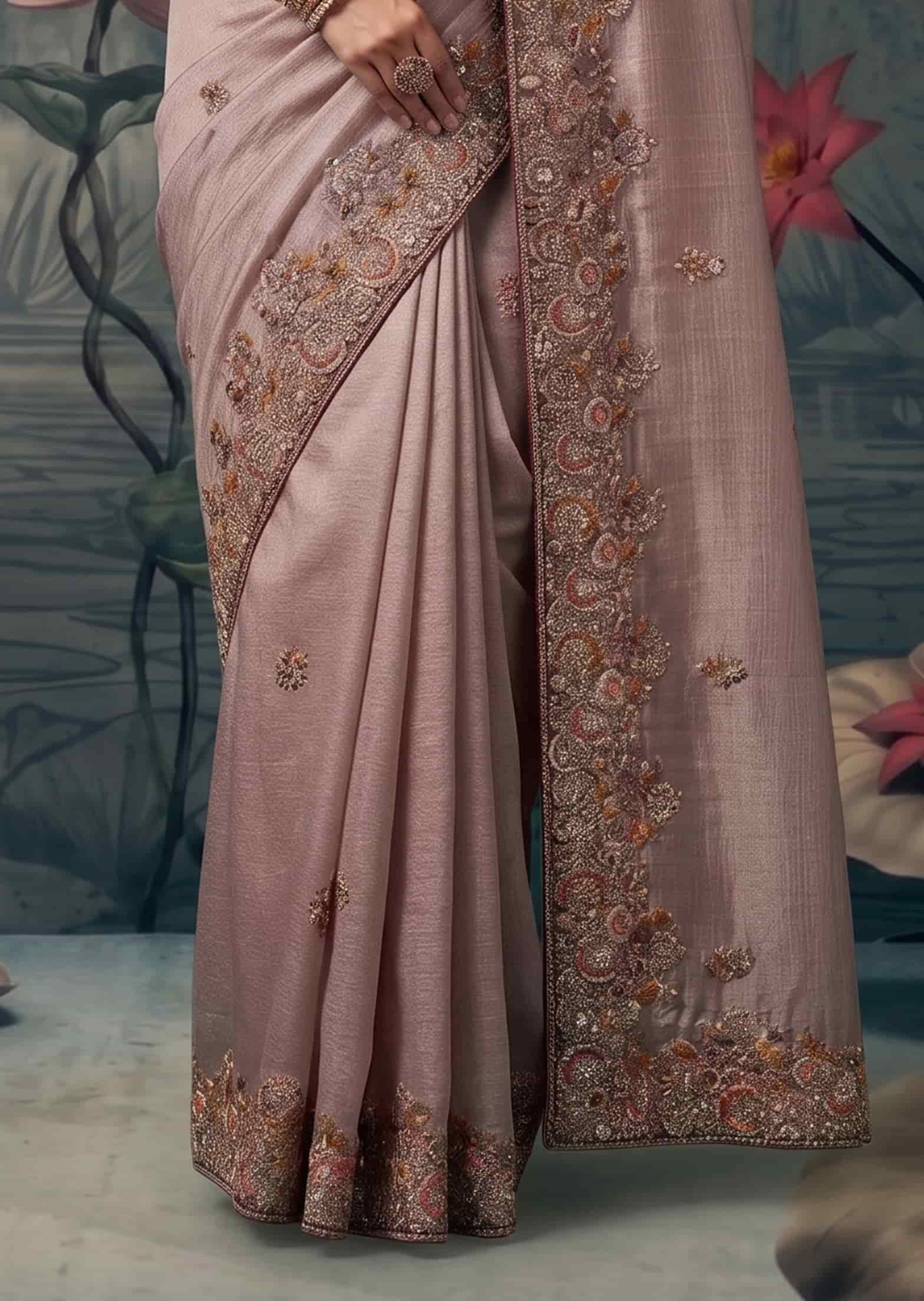 Blush Pink Zari Tissue Silk Zardosi Embroidered Premium Saree with Unstitched Blouse