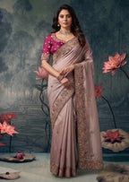 Blush Pink Zari Tissue Silk Zardosi Embroidered Premium Saree with Unstitched Blouse