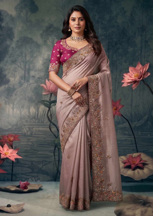 Dusty Pink Satin Silk 3D Floral Cutdana Work Saree