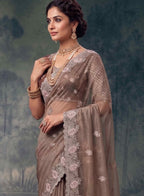Coffee Brown Organza Silk Floral Embroidered Premium Saree with Unstitched Blouse