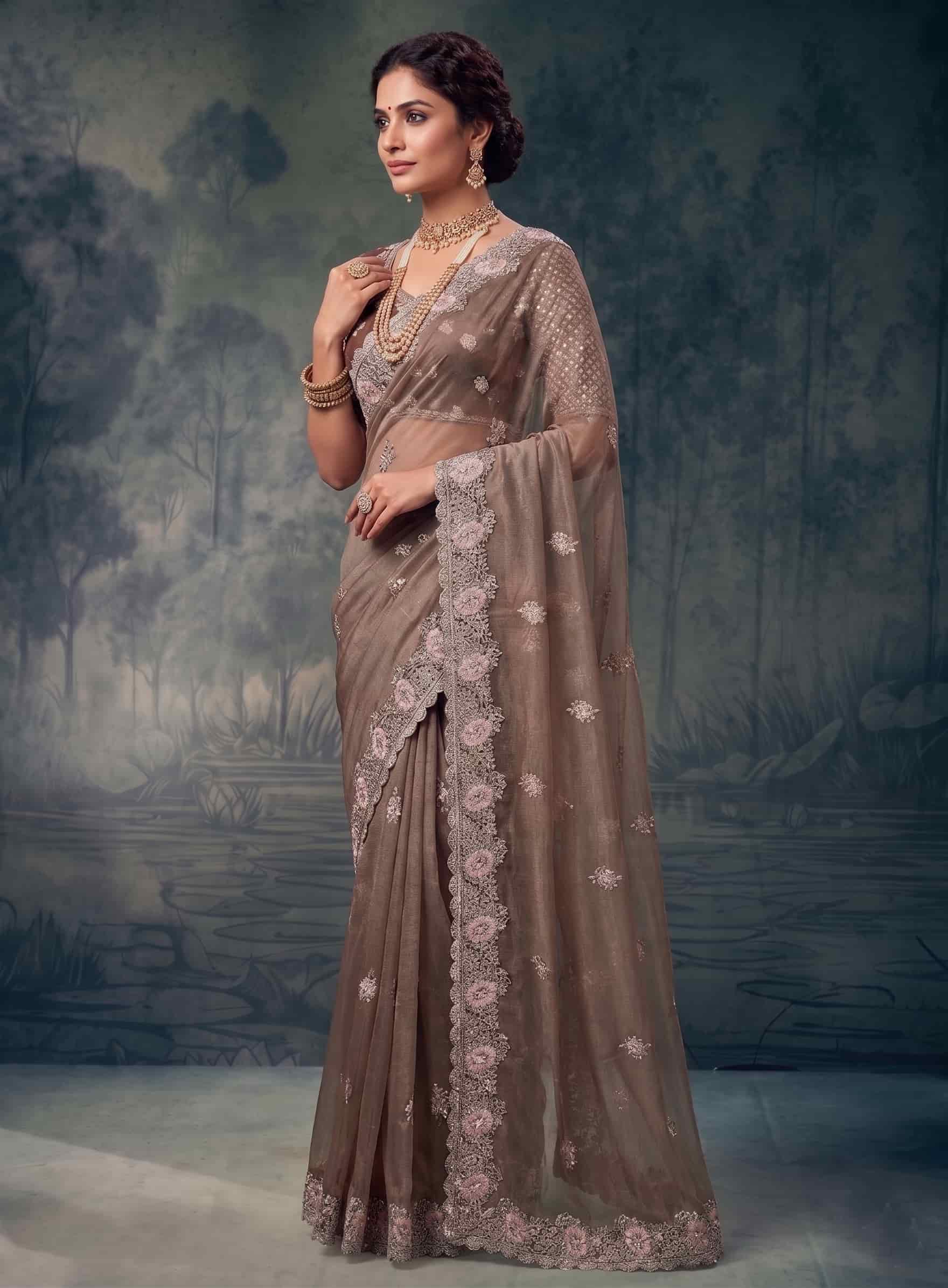 Coffee Brown Organza Silk Floral Embroidered Premium Saree with Unstitched Blouse