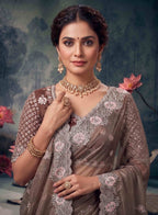 Coffee Brown Organza Silk Floral Embroidered Premium Saree with Unstitched Blouse