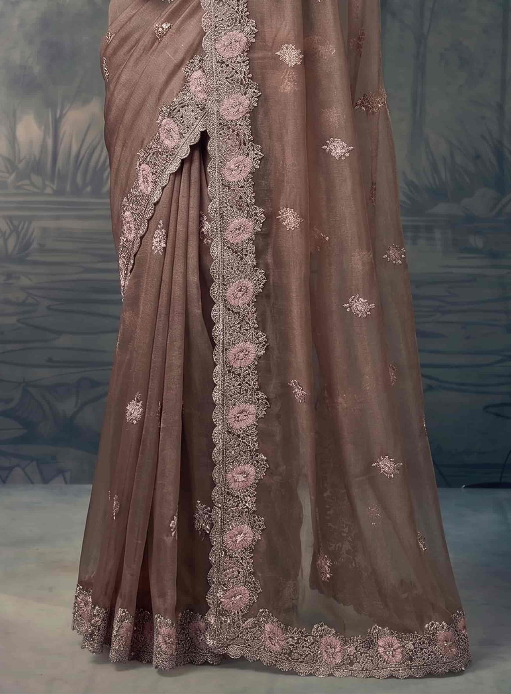 Coffee Brown Organza Silk Floral Embroidered Premium Saree with Unstitched Blouse