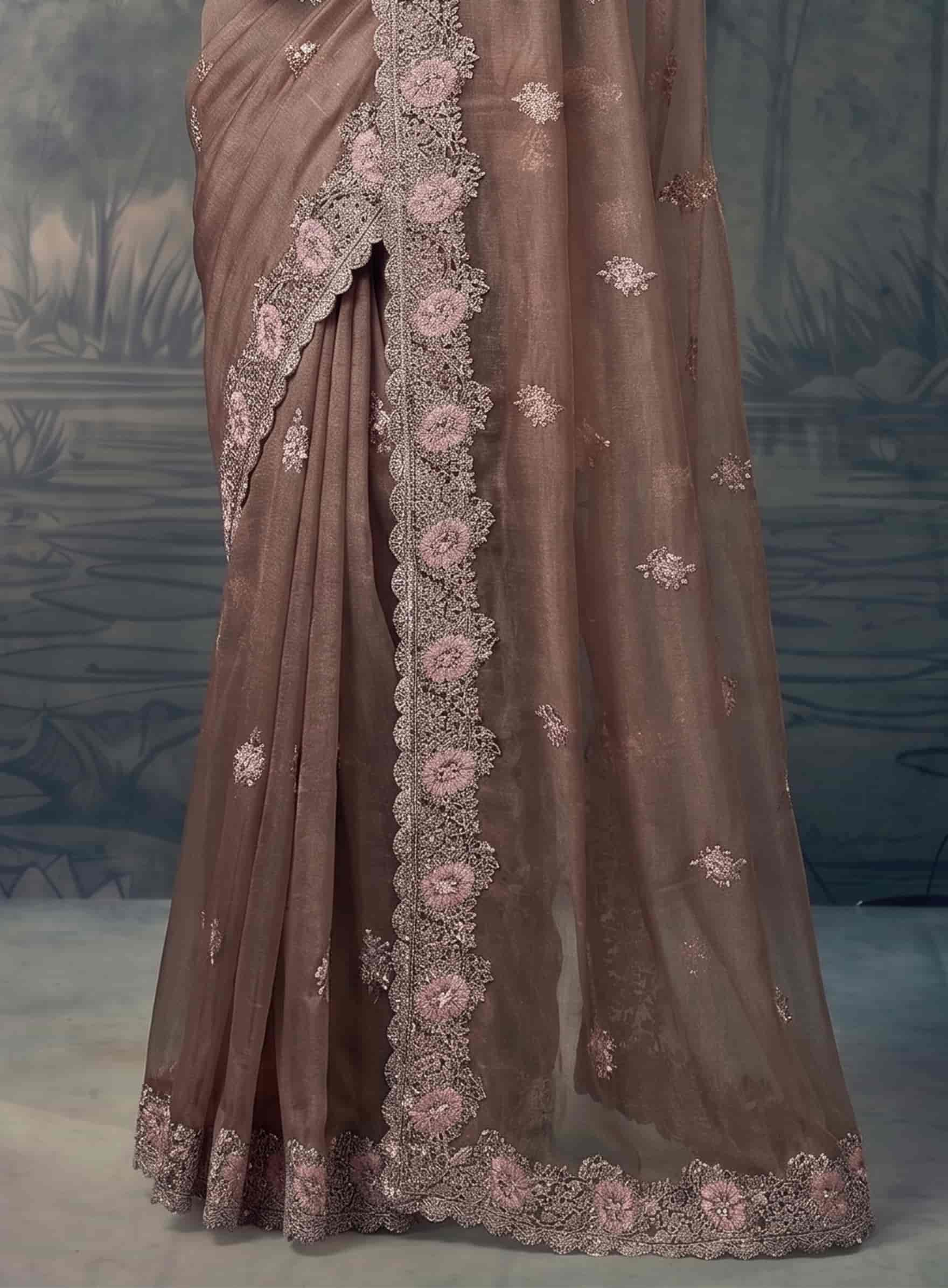 Coffee Brown Organza Silk Floral Embroidered Premium Saree with Unstitched Blouse