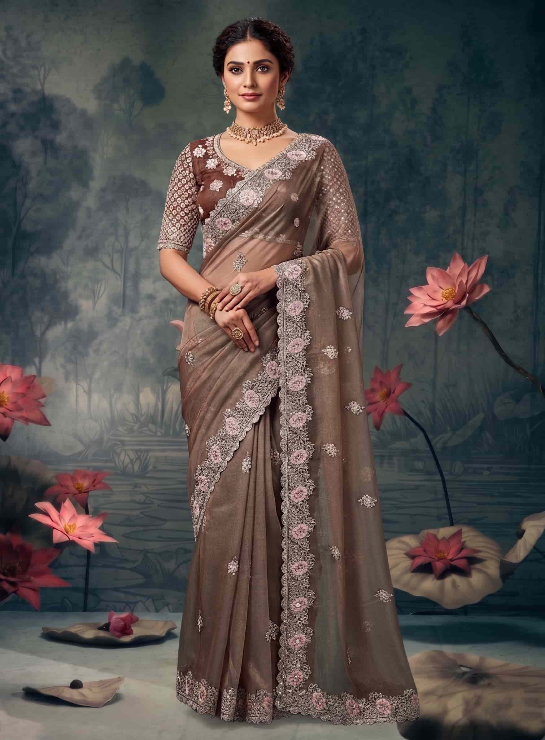Coffee Brown Organza Silk Floral Embroidered Premium Saree with Unstitched Blouse