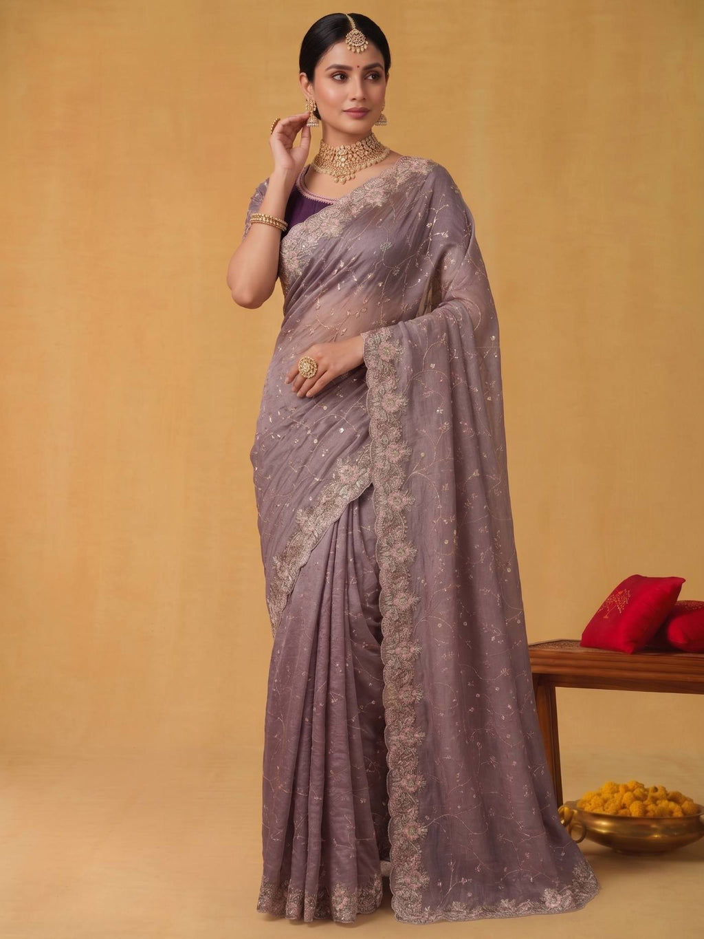 Dusty Mauve Purple Zari Tissue Silk Saree with Aari Embroidery - Detail View 2