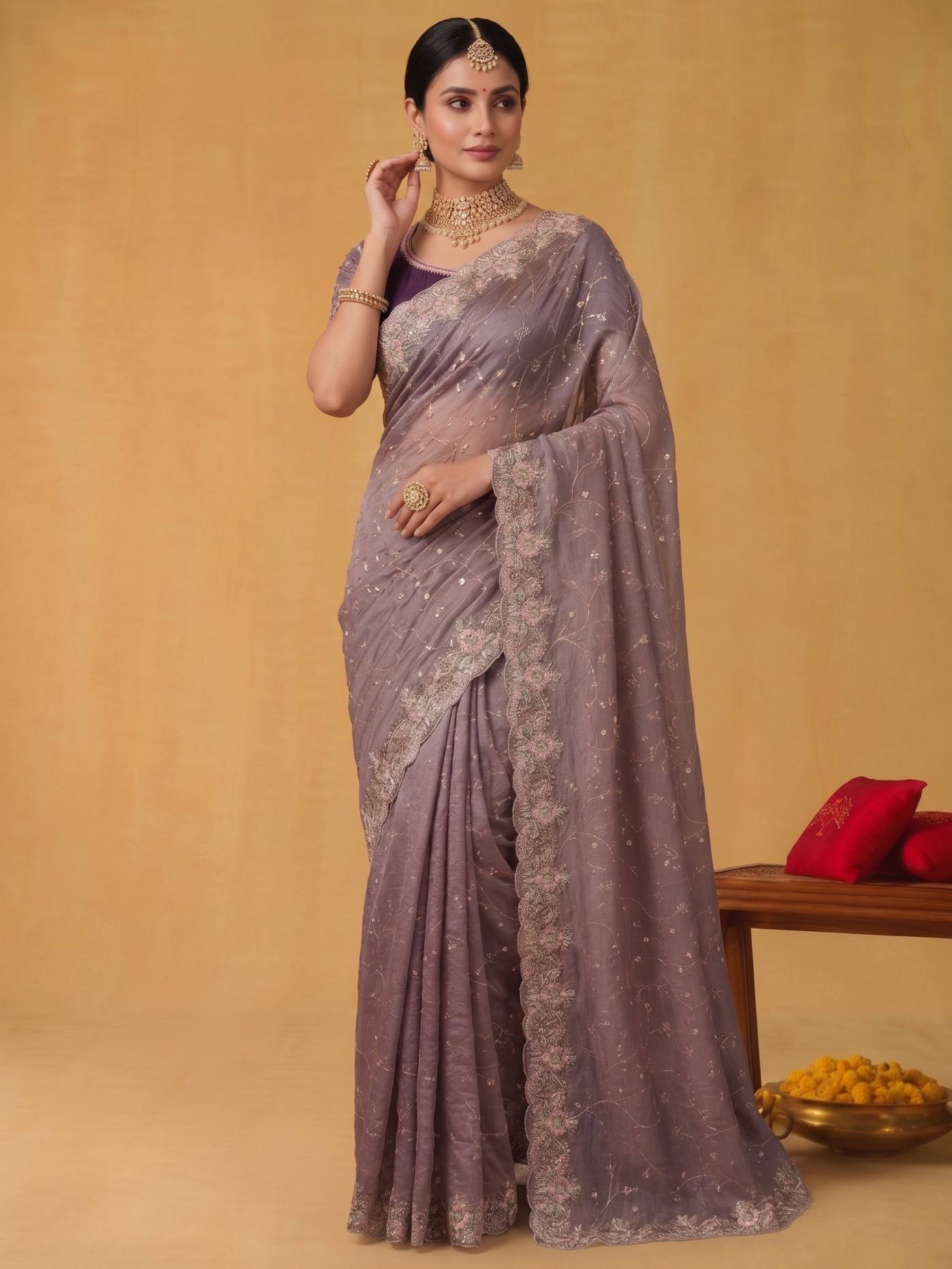 Dusty Mauve Purple Zari Tissue Silk Saree with Aari Embroidery - Detail View 2