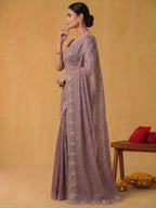 Dusty Mauve Purple Zari Tissue Silk Saree with Aari Embroidery - Detail View 3