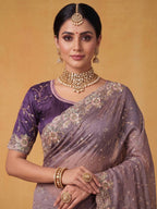 Dusty Mauve Purple Zari Tissue Silk Saree with Aari Embroidery - Detail View 4