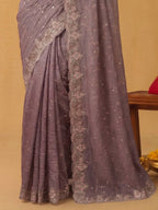 Dusty Mauve Purple Zari Tissue Silk Saree with Aari Embroidery - Detail View 5