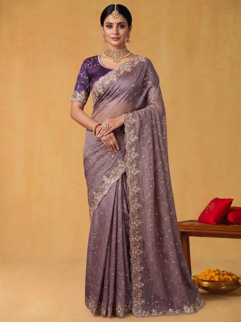 Dusty Mauve Purple Zari Tissue Silk Saree with Aari Embroidery - Front View