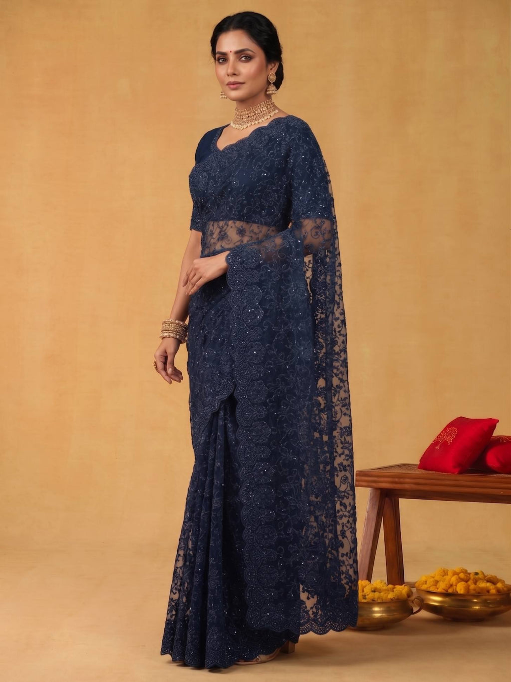 Midnight Navy Blue Soft Georgette Saree with Kashmiri Embroidery - Detail View 2