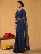 Midnight Navy Blue Soft Georgette Saree with Kashmiri Embroidery - Detail View 3