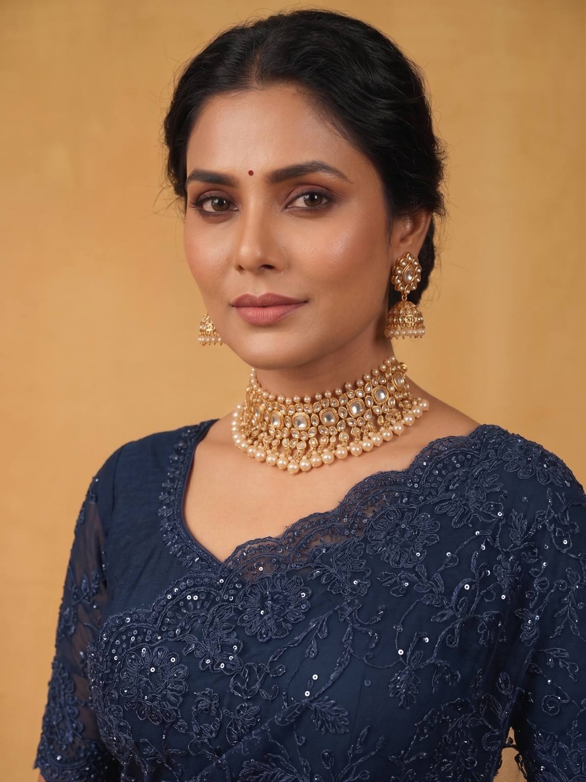 Midnight Navy Blue Soft Georgette Saree with Kashmiri Embroidery - Detail View 4