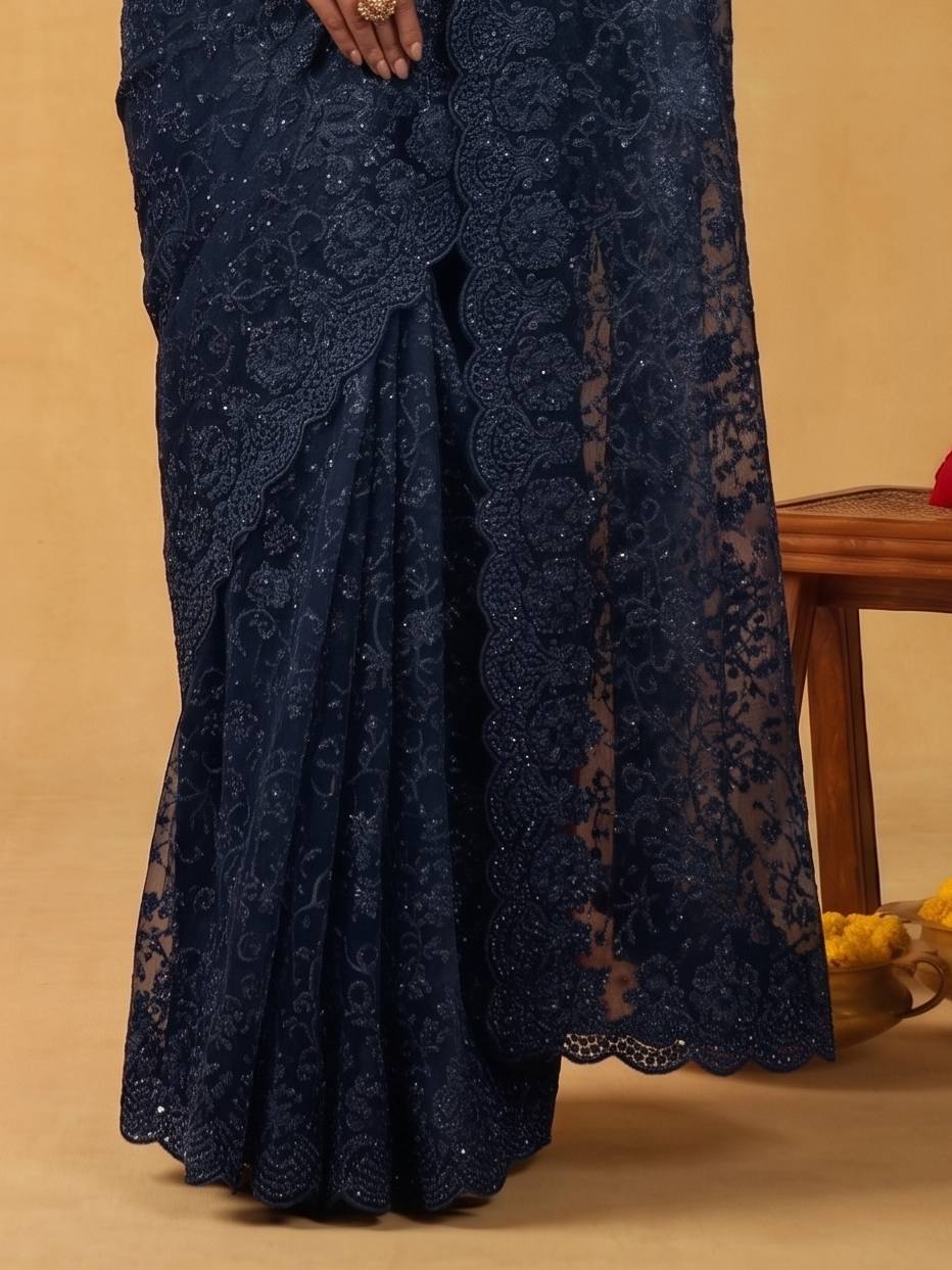 Midnight Navy Blue Soft Georgette Saree with Kashmiri Embroidery - Detail View 5