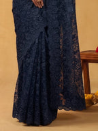Midnight Navy Blue Soft Georgette Saree with Kashmiri Embroidery - Detail View 5