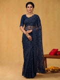 Midnight Navy Blue Soft Georgette Saree with Kashmiri Embroidery