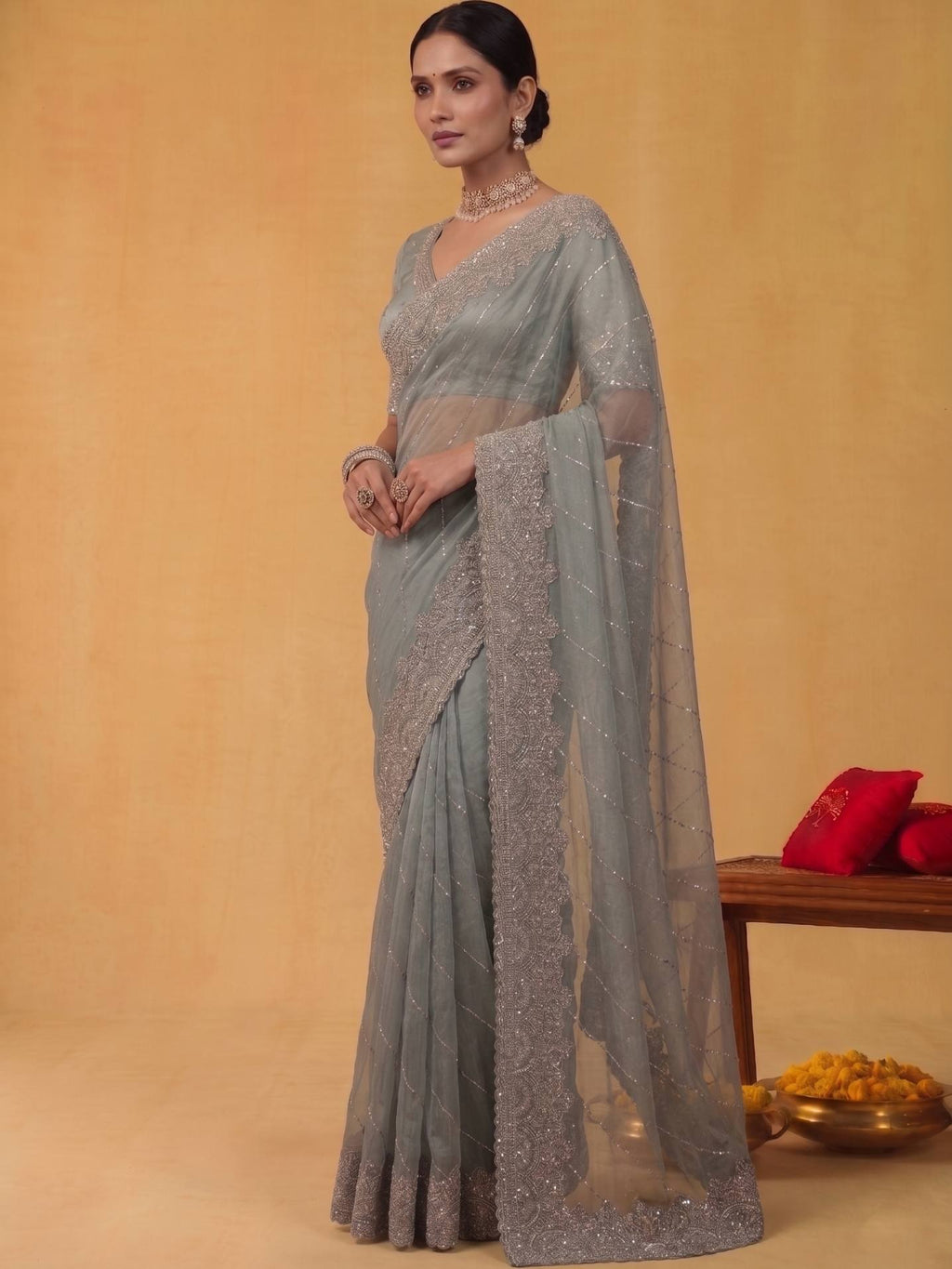 Sage Slate Grey Zari Tissue Silk Saree with Sequins Aari Embroidery - Detail View 2