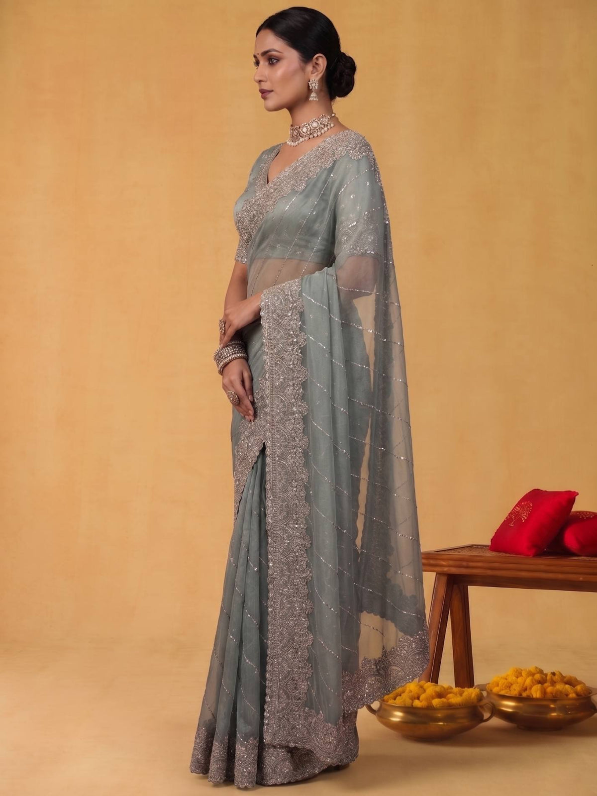 Sage Slate Grey Zari Tissue Silk Saree with Sequins Aari Embroidery - Detail View 3