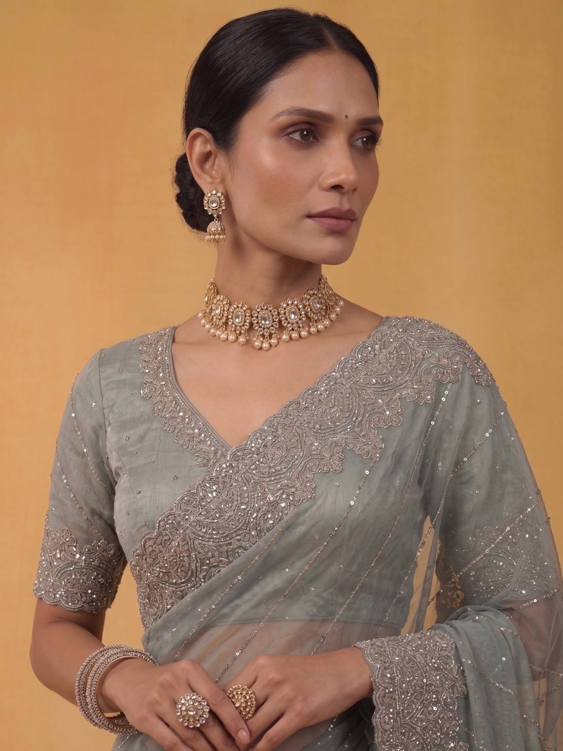 Sage Slate Grey Zari Tissue Silk Saree with Sequins Aari Embroidery - Detail View 4