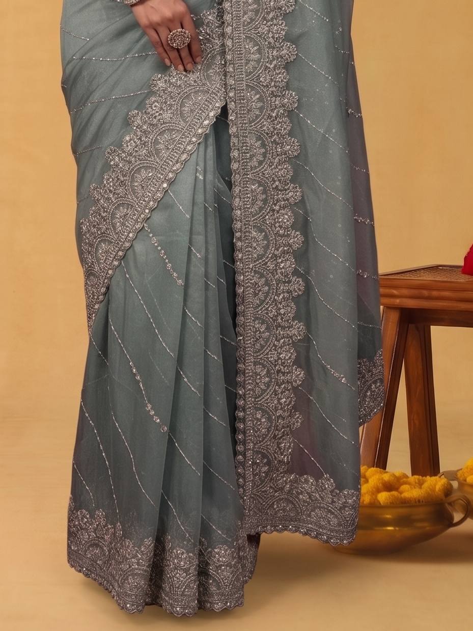 Sage Slate Grey Zari Tissue Silk Saree with Sequins Aari Embroidery - Detail View 5