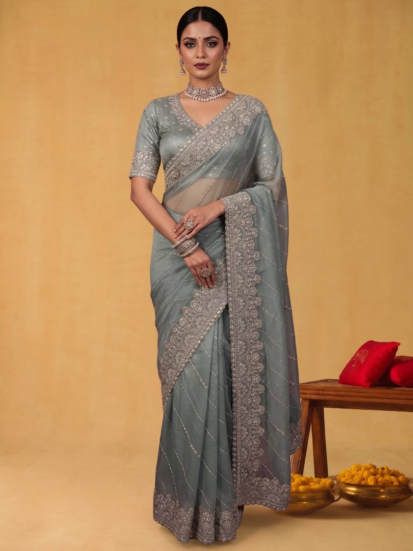 Sage Slate Grey Zari Tissue Silk Saree with Sequins Aari Embroidery - Front View