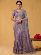 Dusty Lilac Tissue Silk Saree with Sequins Jaal Embroidery with Patti Embellishment - Front View