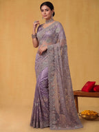 Dusty Lilac Tissue Silk Saree with Sequins Jaal Embroidery with Patti Embellishment - Detail View 2