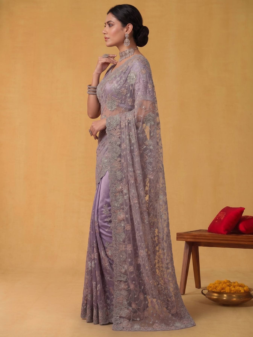 Dusty Lilac Tissue Silk Saree with Sequins Jaal Embroidery with Patti Embellishment - Detail View 3