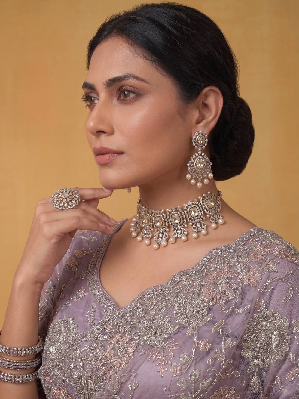 Dusty Lilac Tissue Silk Saree with Sequins Jaal Embroidery with Patti Embellishment - Detail View 4