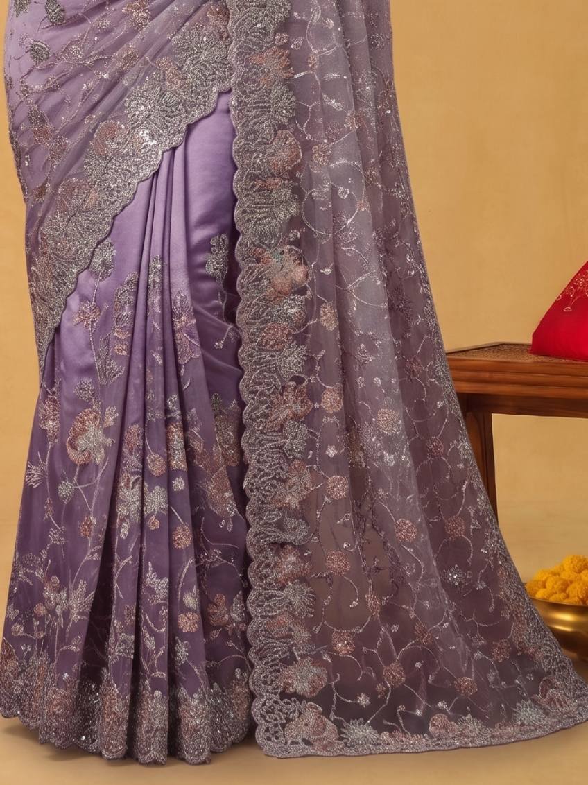 Dusty Lilac Tissue Silk Saree with Sequins Jaal Embroidery with Patti Embellishment - Detail View 5