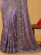 Dusty Lilac Tissue Silk Saree with Sequins Jaal Embroidery with Patti Embellishment - Detail View 5