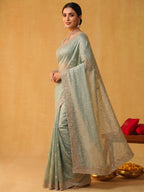 Pistachio Mint Green Tissue Silk Saree with Scallop Sequins Jaal Embroidery - Detail View 2