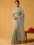Pistachio Mint Green Tissue Silk Saree with Scallop Sequins Jaal Embroidery
