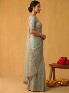 Pistachio Mint Green Tissue Silk Saree with Scallop Sequins Jaal Embroidery - Detail View 3