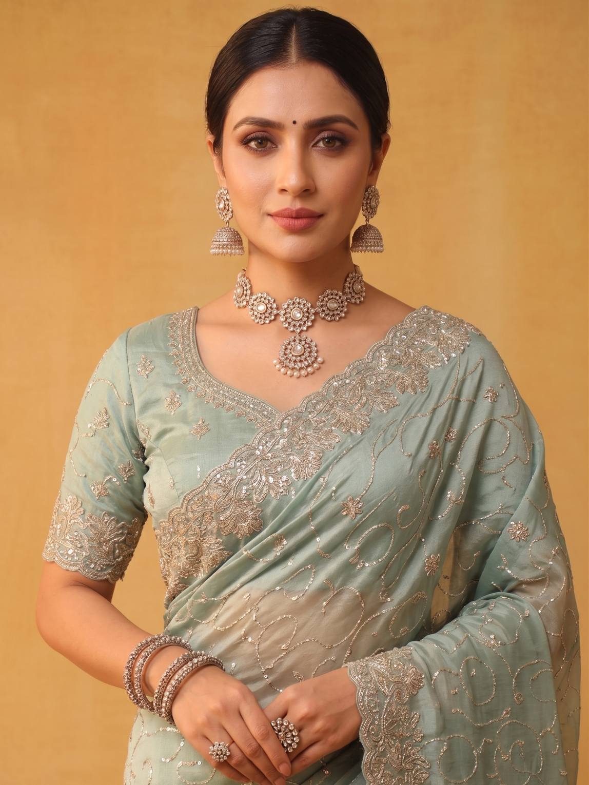 Pistachio Mint Green Tissue Silk Saree with Scallop Sequins Jaal Embroidery - Detail View 4