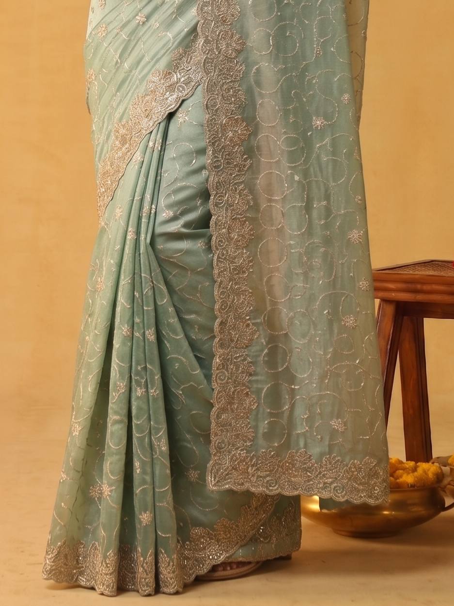 Pistachio Mint Green Tissue Silk Saree with Scallop Sequins Jaal Embroidery - Detail View 5