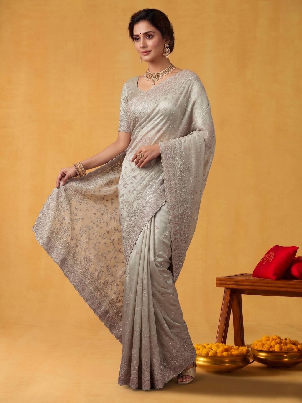 Blush Rose Pink Crush Organza Silk Saree with Multi Sequins Jaal Embroidery - Detail View 2