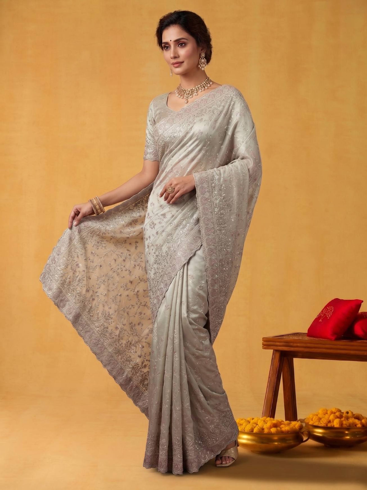 Blush Rose Pink Crush Organza Silk Saree with Multi Sequins Jaal Embroidery - Detail View 2