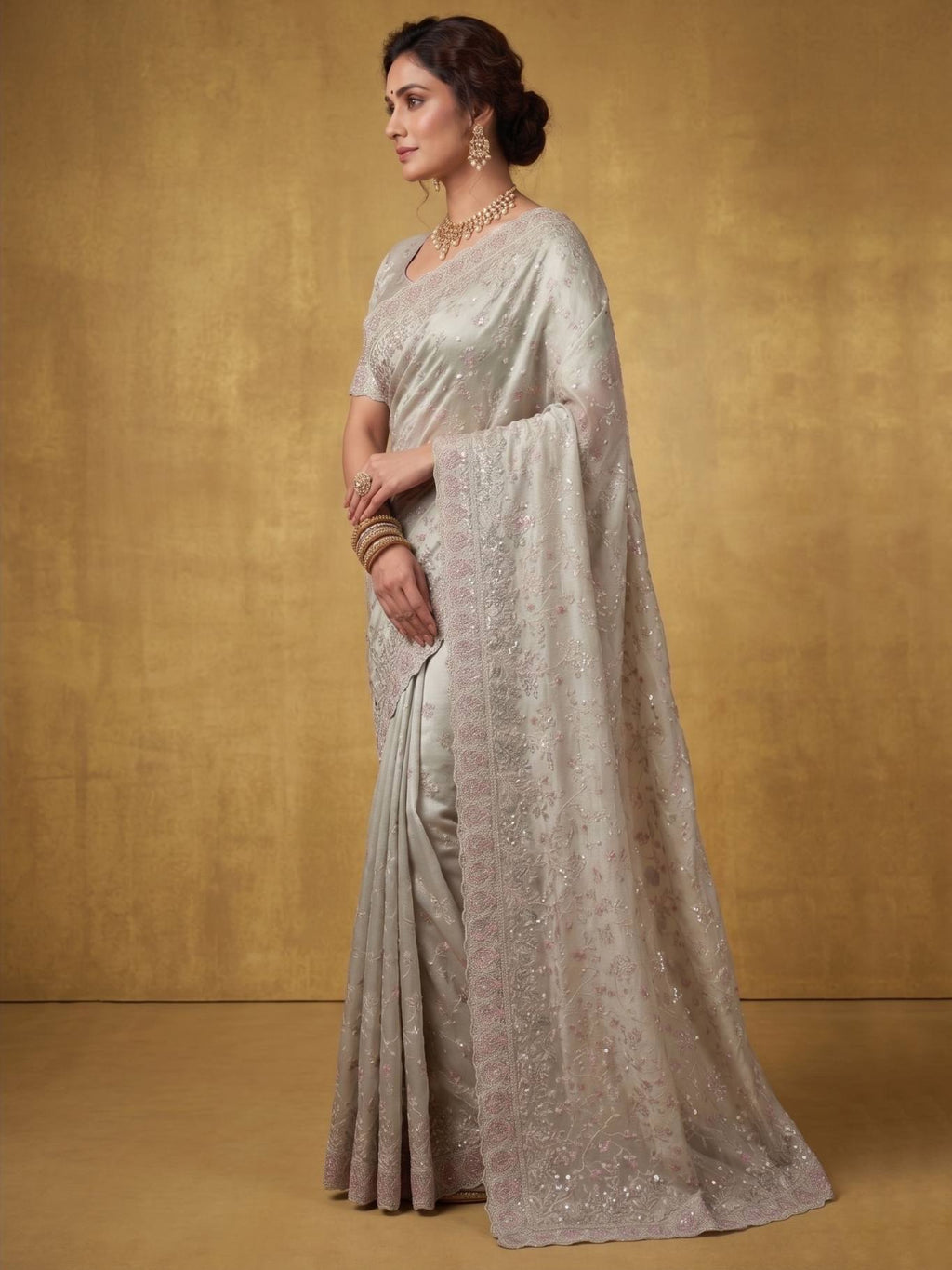 Blush Rose Pink Crush Organza Silk Saree with Multi Sequins Jaal Embroidery - Detail View 3