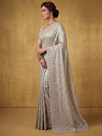 Blush Rose Pink Crush Organza Silk Saree with Multi Sequins Jaal Embroidery - Detail View 3