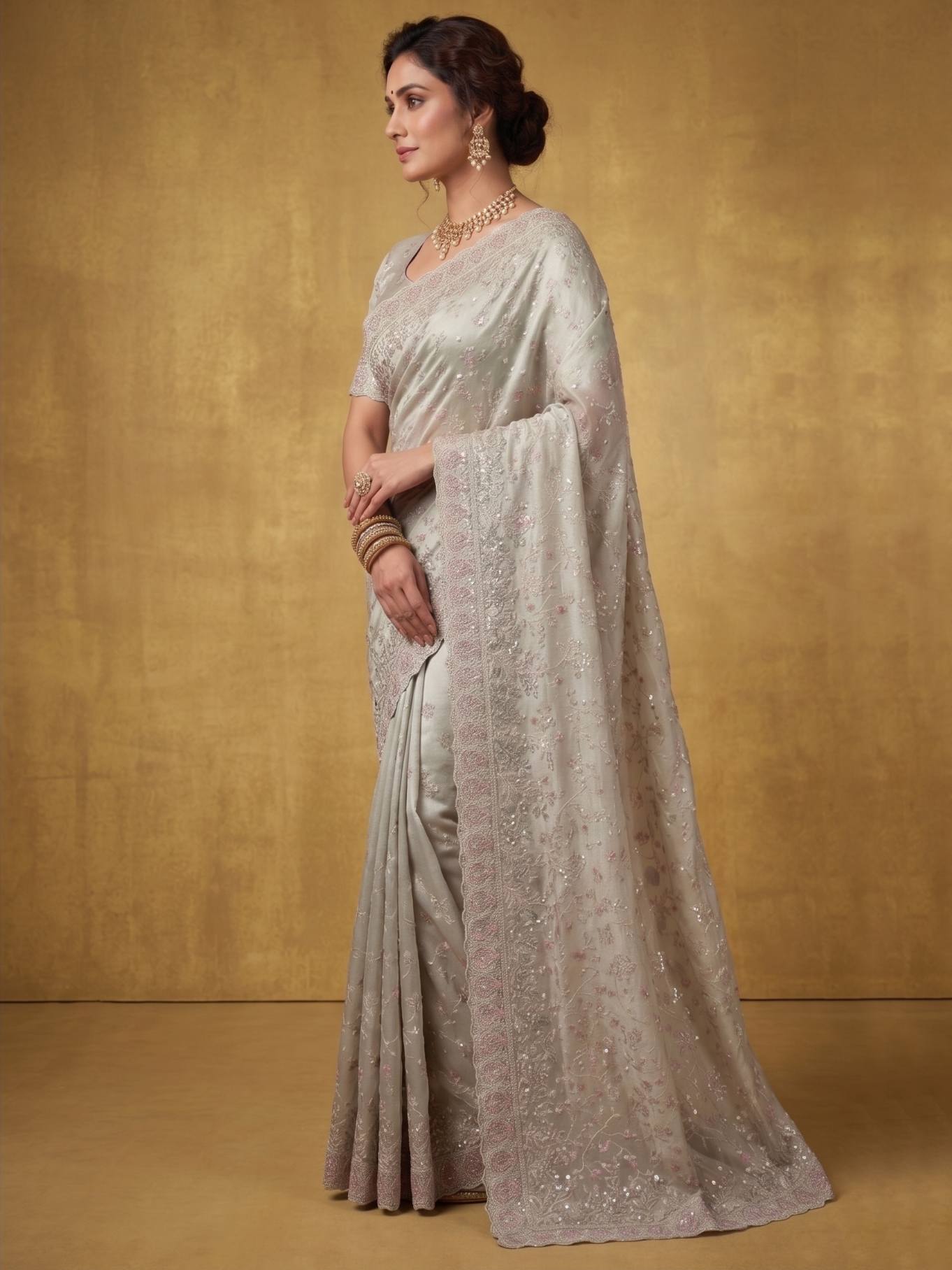 Blush Rose Pink Crush Organza Silk Saree with Multi Sequins Jaal Embroidery - Detail View 3